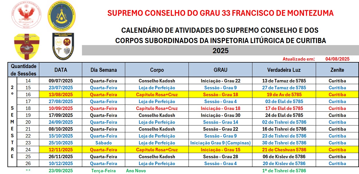 Calendário de Atividades do Supremo Conselho Francisco de Montezuma